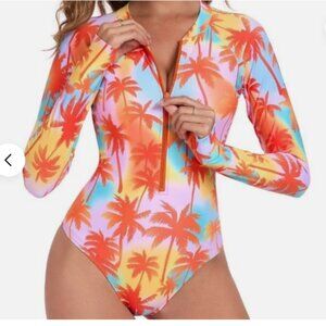 NWT Relleciga Swimwear Women’s L One Piece Swimsuit Long Sleeve Rash Guard Surf
